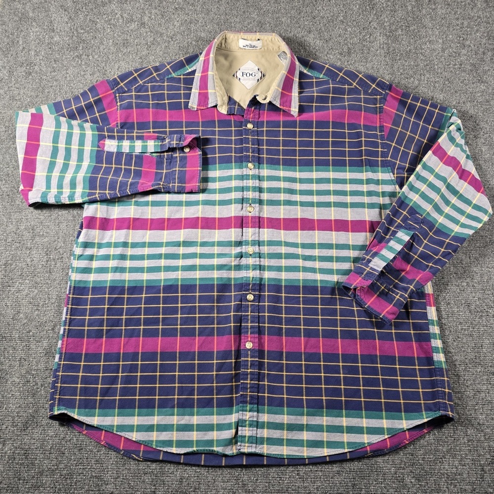 Vintage FOG London Fog Plaid Button Up Shirt Mens XL Taiwan Cotton Multicolor